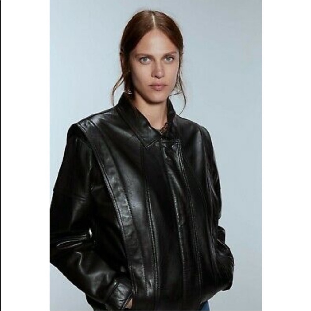 Zara Black Oversized Leather Bomber Jacket - Picture 7 of 10